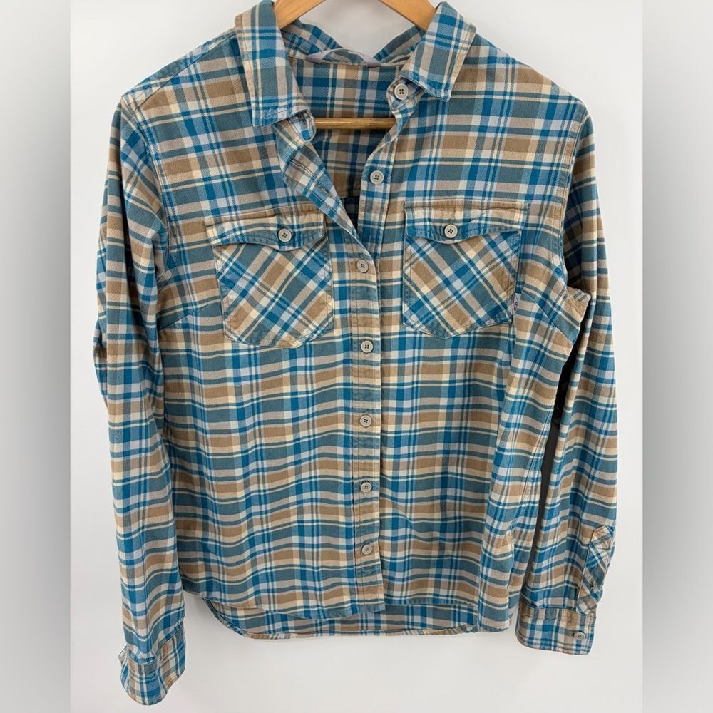 Stio women’s midweight tan blue flannel long sleeve plaid shirt size L